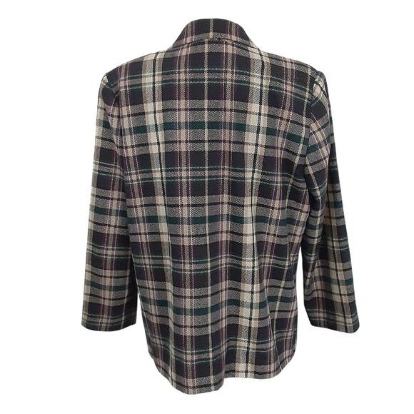 Vintage 1980s Wool Blend Blazer Jacket Tartan Plaid Green Purple Oversized Sz 16 - Picture 2 of 8